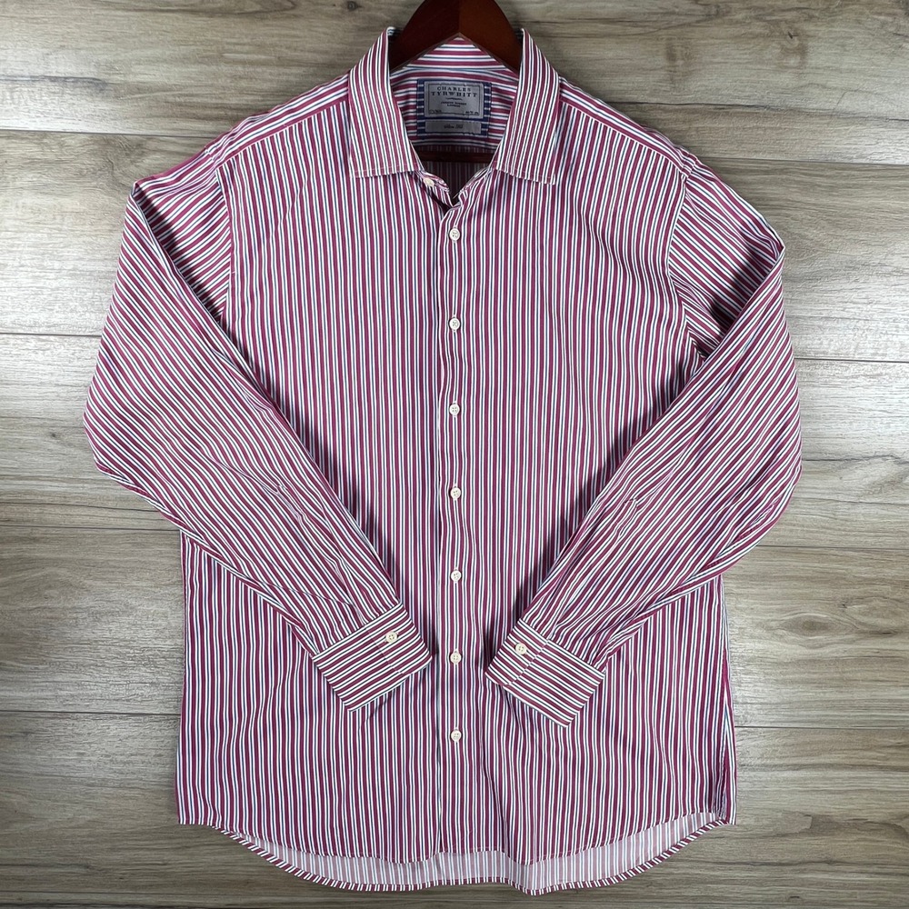 Charles Tyrwhitt Mens 17.5 36 Slim Fit Pink Blue Striped Cotton Dress Shirt